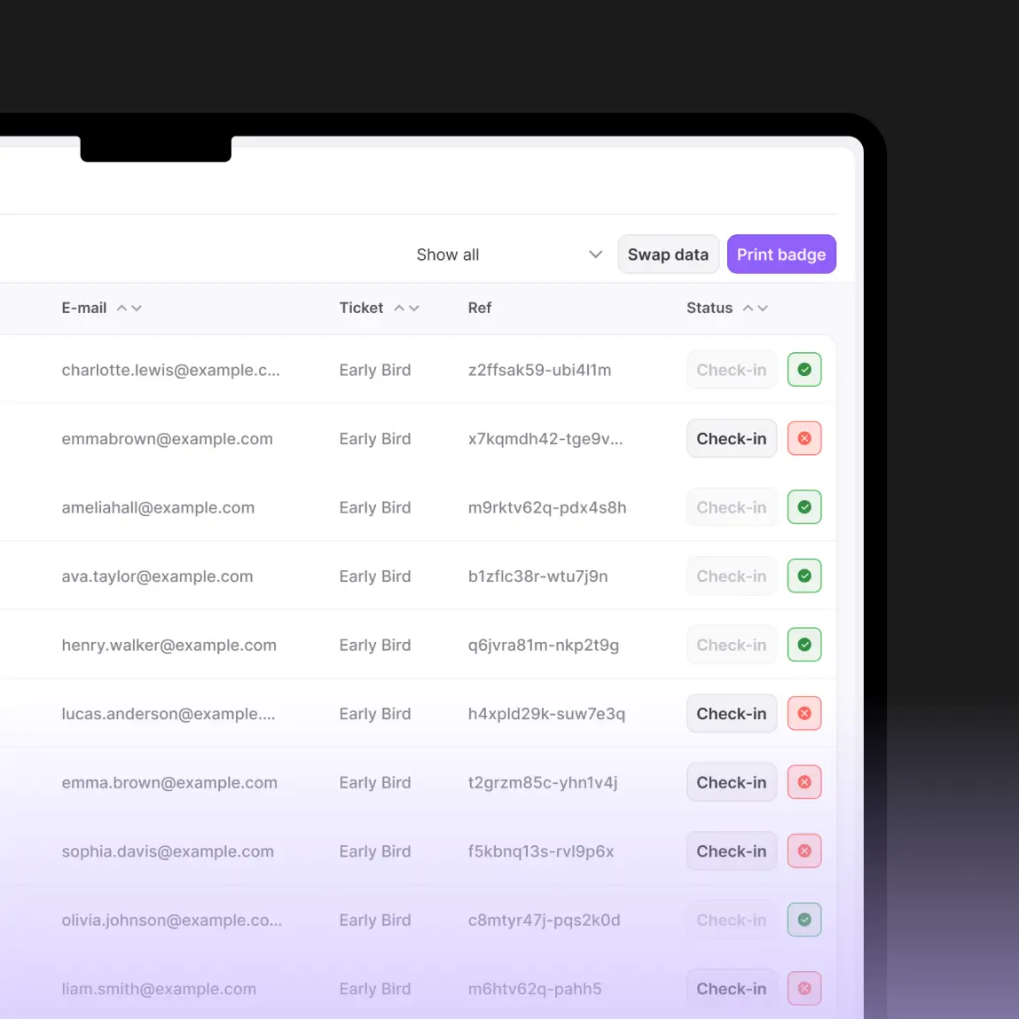 Multi-event attendee list synced from desktop to tablet QR check-in app