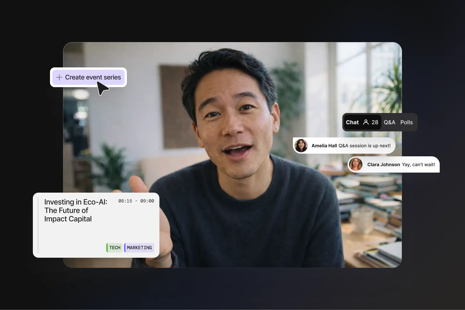 Virtual event with speaker video, audience chat, polls and agenda editor tools