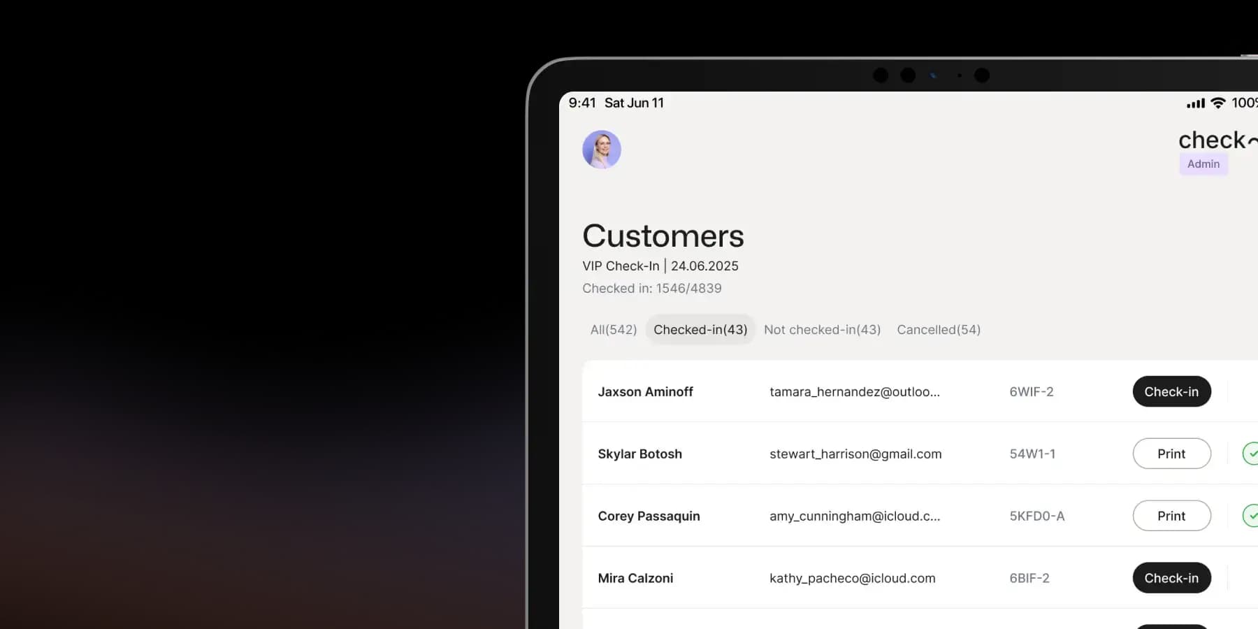 Event check-in app, in-person registration, with attendee list and on-site badge printing tools