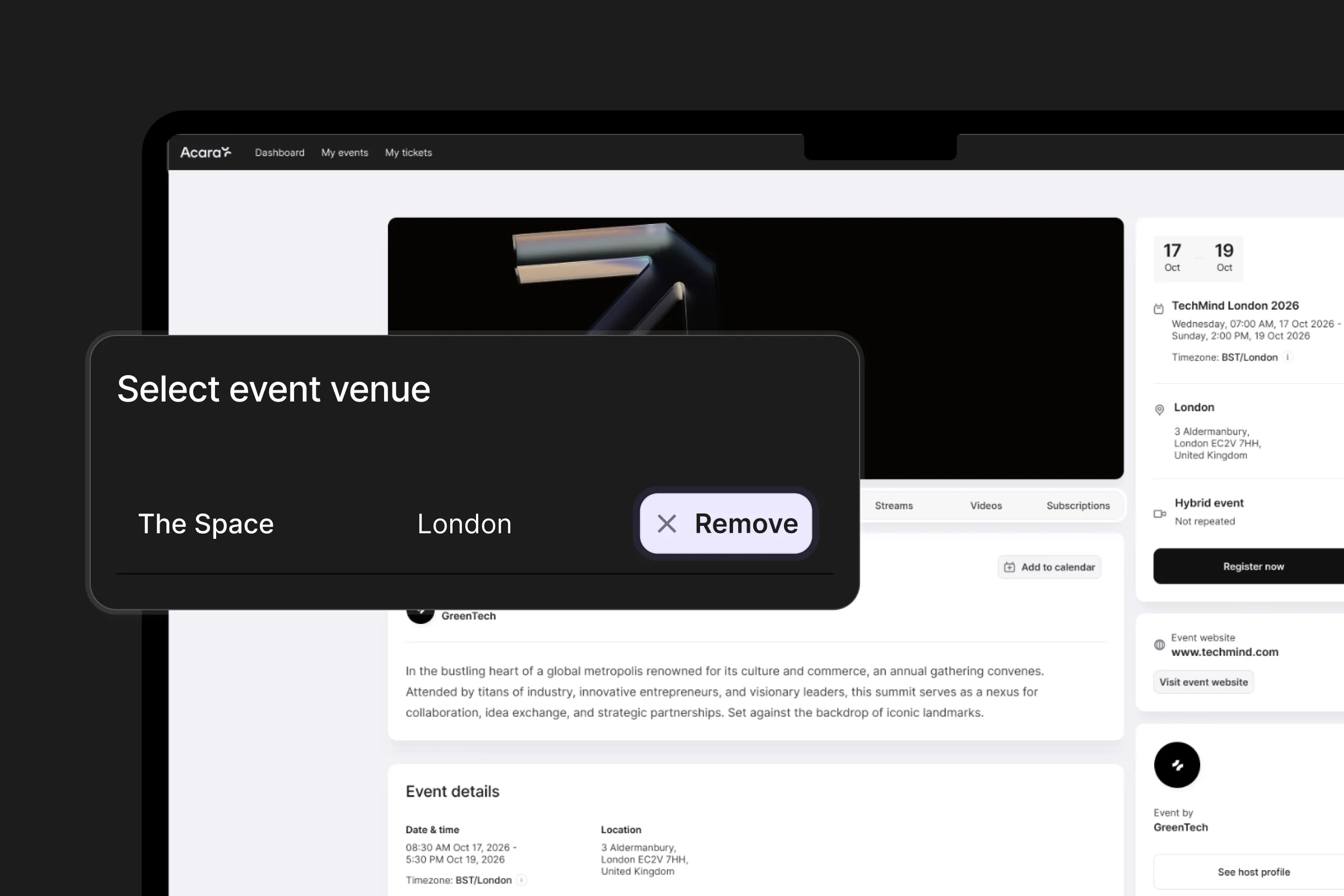 landing page of an event website